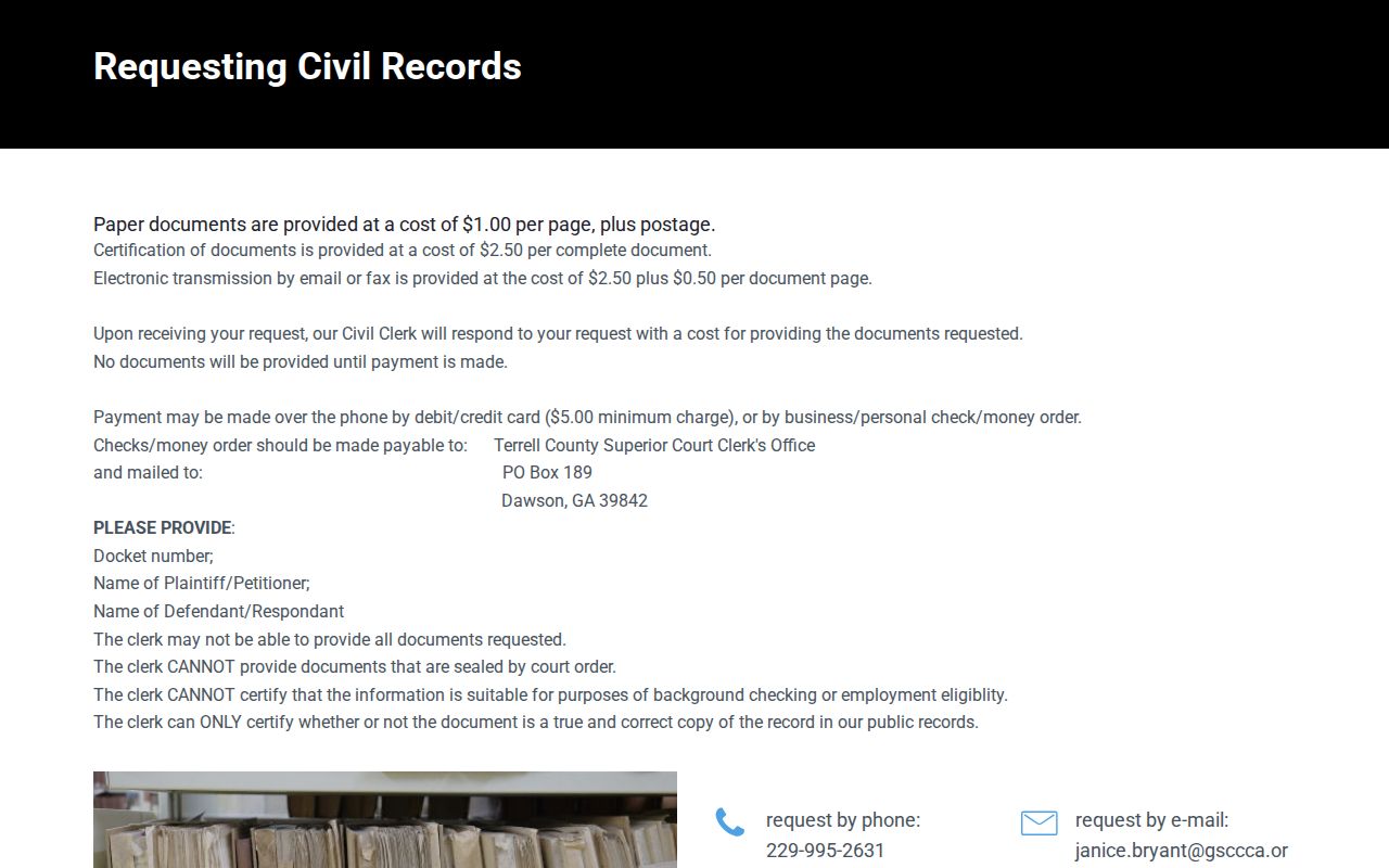 Terrell County civil docket copy request fields