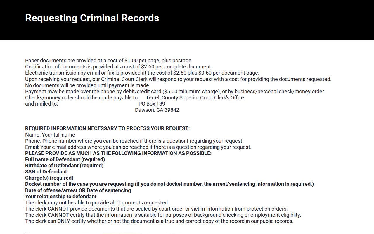 Terrell County criminal record request fields